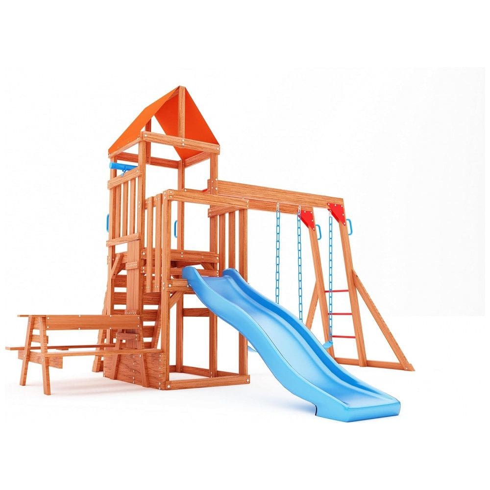 Conjunto de Balanço Infantil? 6 em 1 Dolphin Playground T Madeira Natural Multicolorido com Barra de Macaco, Mesa 2 em 1, Escorregador Onda