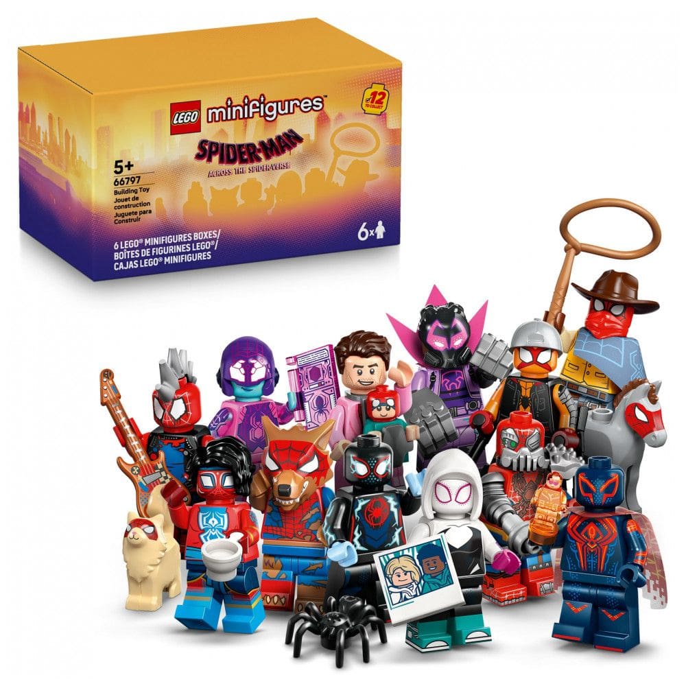 LEGO Minifigures 66797 – Spider-Man: Across the Spider-Verse – Pacote com 6 Figuras Surpresa – Aventura Multiversal para Crianças a Partir