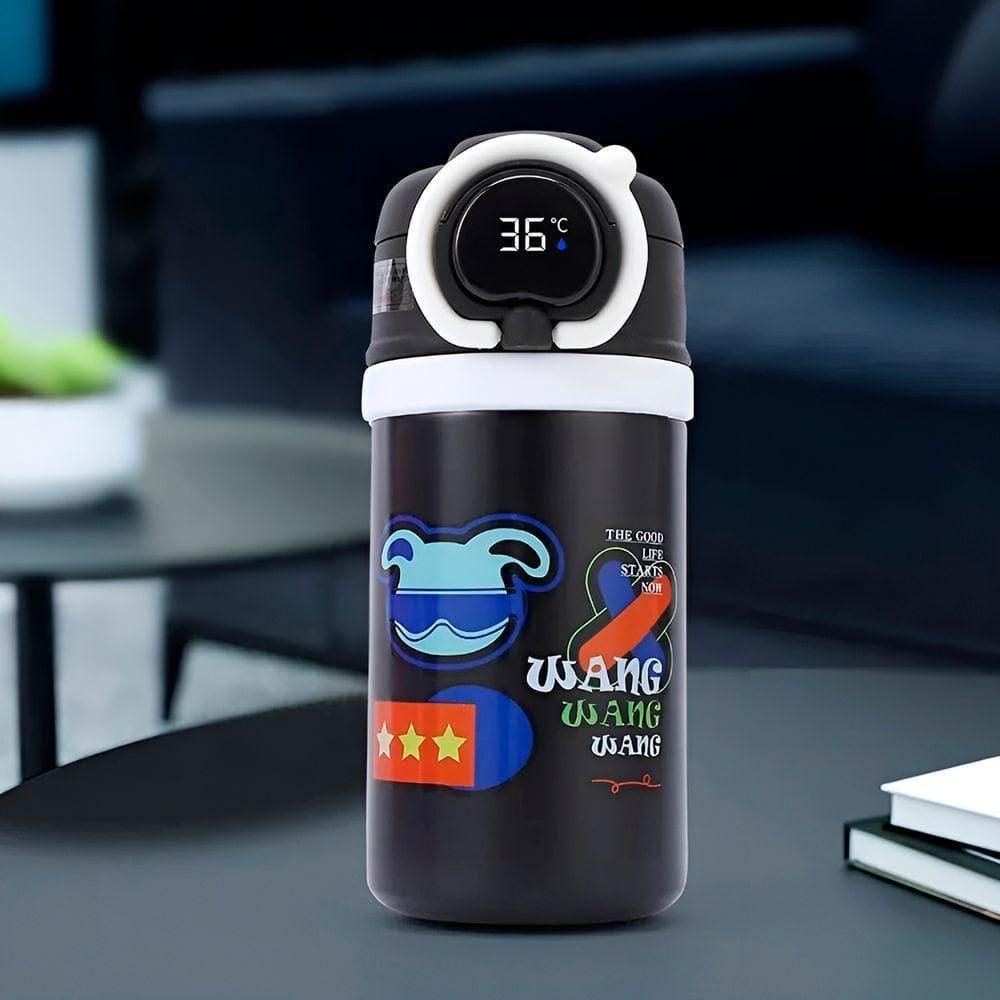 Garrafa Squeeze Copo Térmico Infantil Tela Digital Termômetro preto