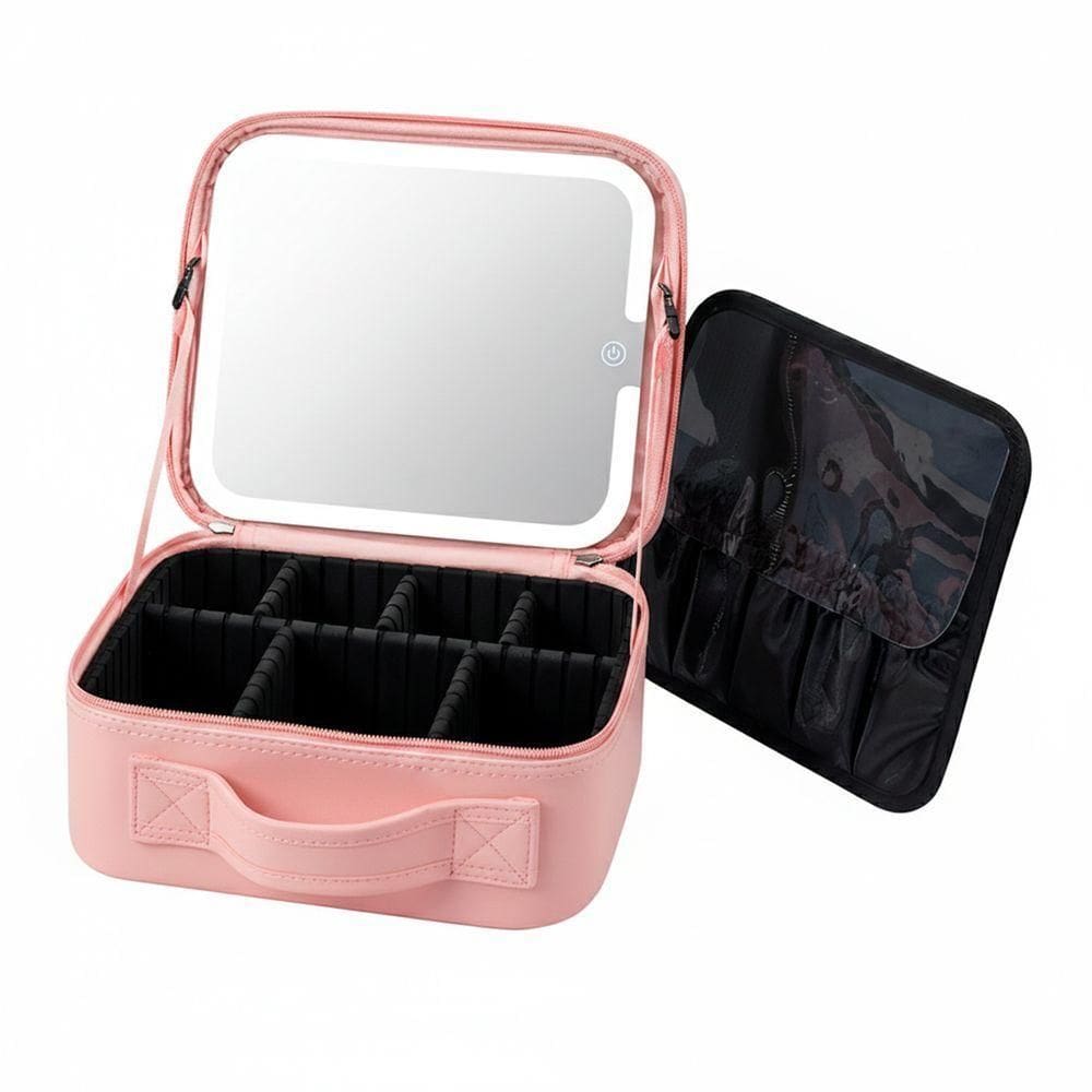 Maleta De Maquiagem Com Espelho Led Removível Rosa – Organizador Com 7 Compartimentos Rosa