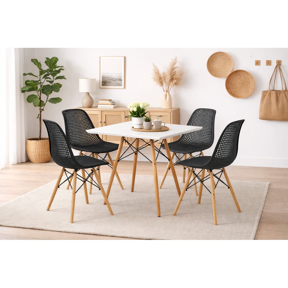 Conjunto de Jantar Moderno Mesa Quadrada 90cm Branca  + 4 Cadeiras Eames Colméia, Preto