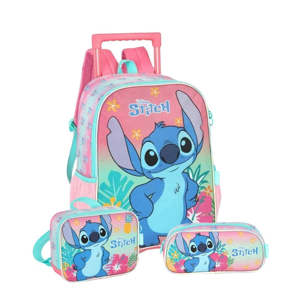 Mochila Rodas Stitch Glitter com Lancheira Térmica e Estojo