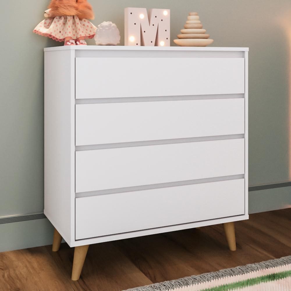 Cômoda Gaveteiro Infantil Retrô 4 Gavetas Pé Palito Lorena MDF Branca Carolina Baby