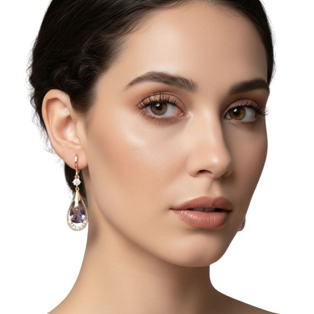 Brinco Feminino Gota Ametista Real Roxo de Zircônias Luxo