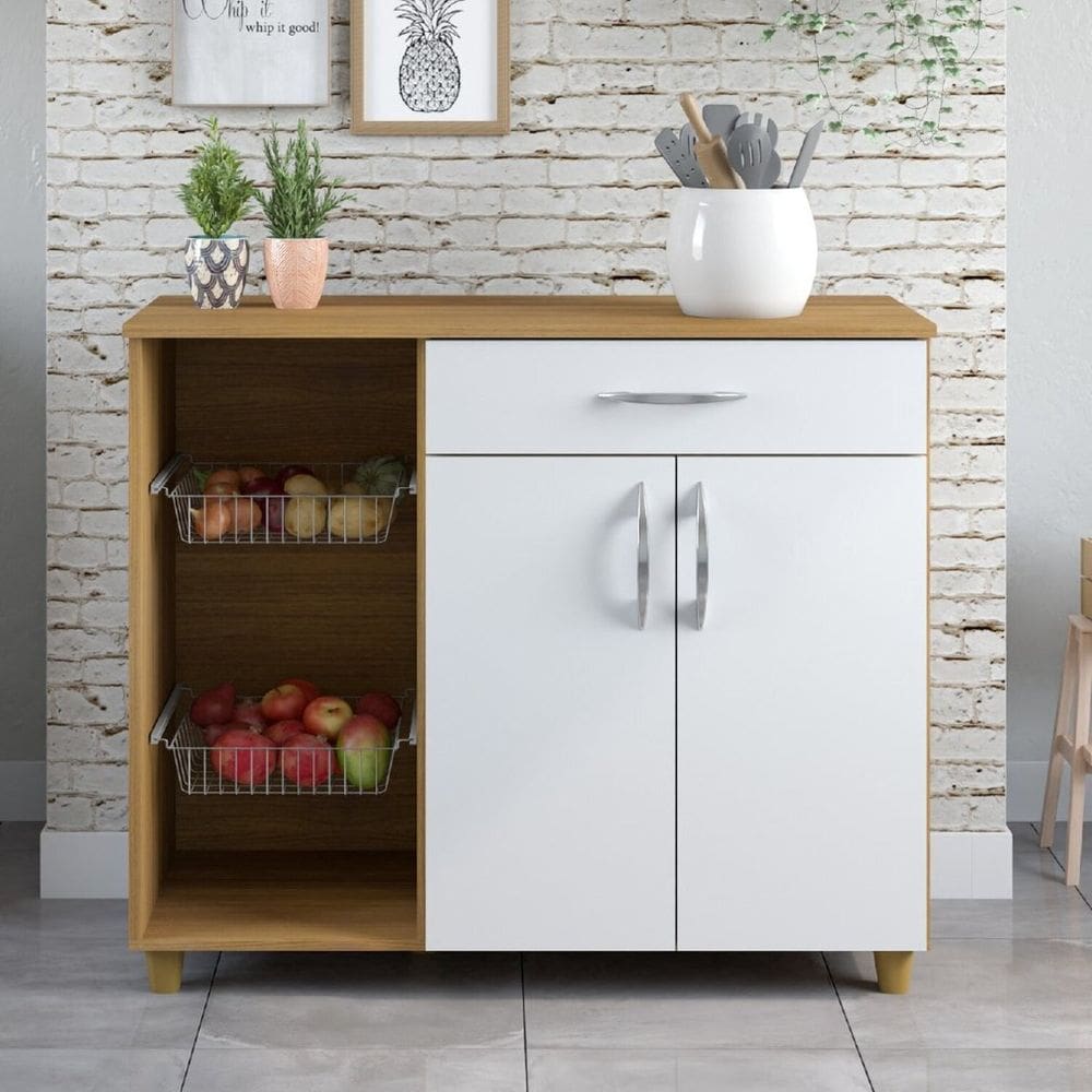 Fruteira para Cozinha 2 Portas 1 Gaveta 2 Cestos Amanda New Freijó Com Branco
