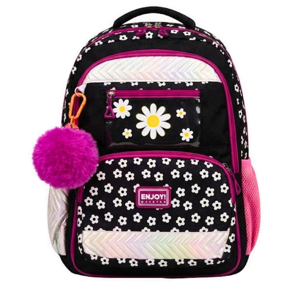 Mochila Juvenil Preta Chaveiro Pompom Passeio 45 cm Enjoy