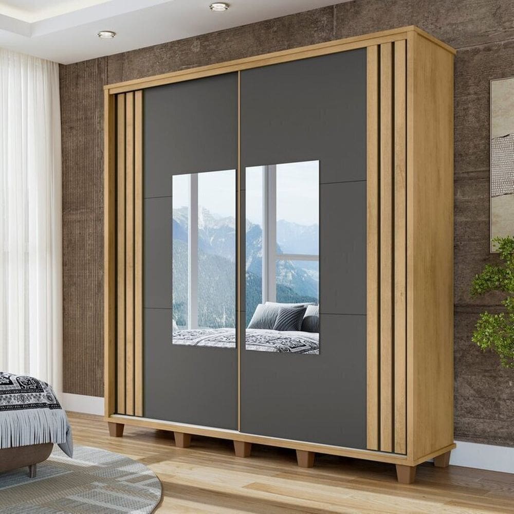 Guarda-roupa Casal Monte Carlo 2 Portas Ripadas de Correr com Espelho 4 Gavetas Internas e Maleiros Cinamomo/ Grafite