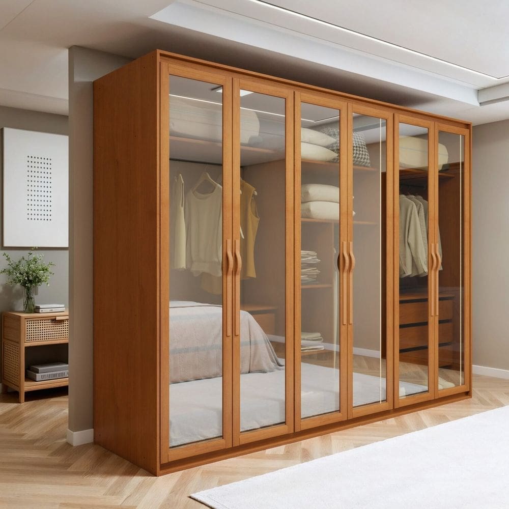 Guarda-roupa Casal 6 Portas de Vidro 100% Mdf com Led Suavitá Glass Amêndoa Clean