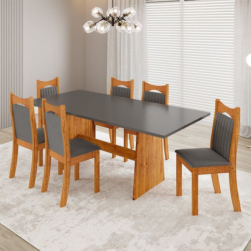 Conjunto Sala de Jantar 6 Lugares Retangular Tampo de Mdp Riviera Mel/Cinza