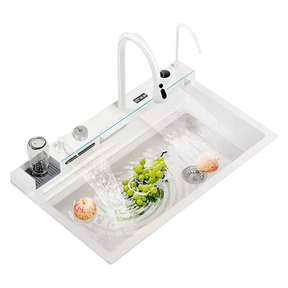 Kit Cuba Tecnológica com Cesto Torneira Filtro Dispenser de Sabão Lavador de Copo e Tábua de Corte Branco