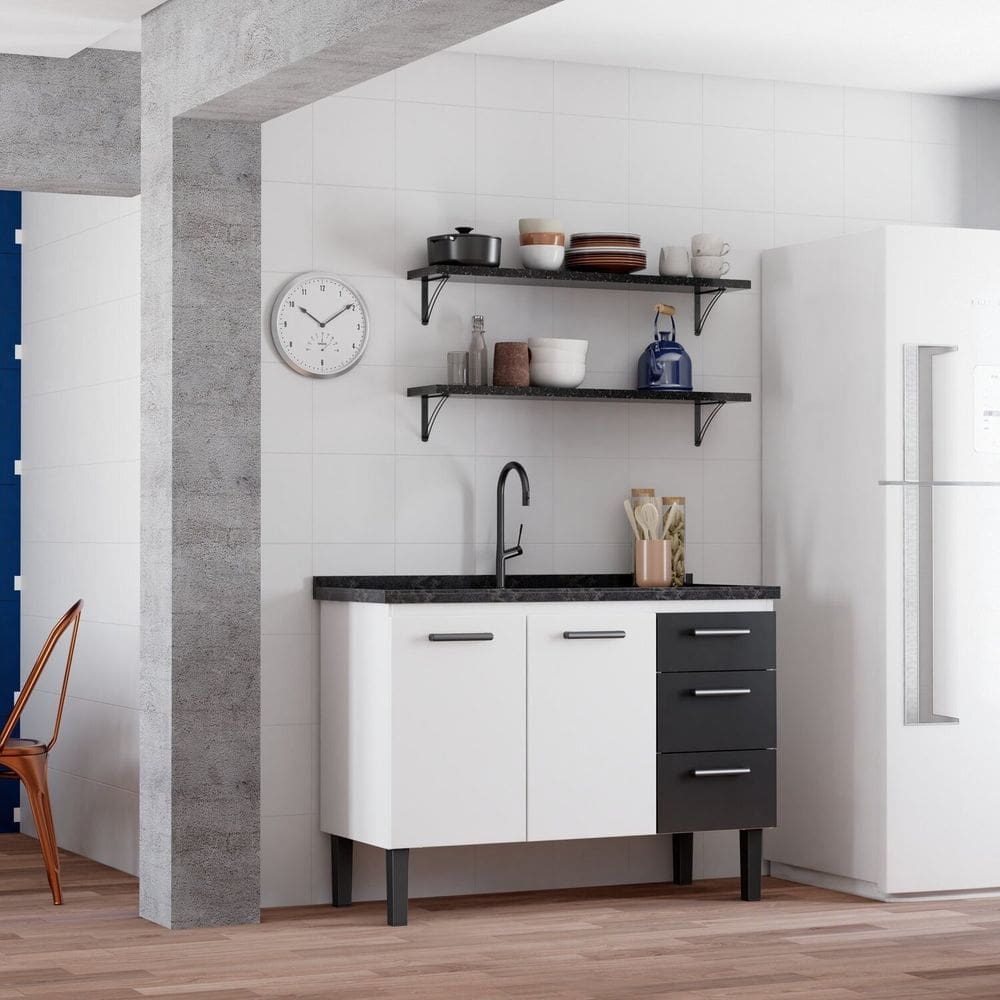 Gabinete para Cozinha em Aço Atena com Gavetas - Pia 120cm Branco/Preto