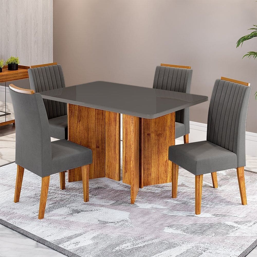 Conjunto Sala de Jantar 4 Lugares Retangular Tampo de Vidro/mdf Zambrone Mel/Grafite/Cinza