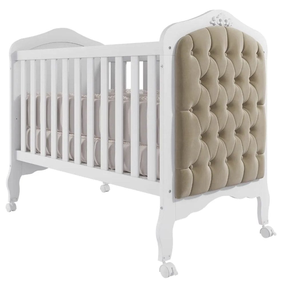 Berço 100% Mdf Branco Americano Vira Cama Com Capitonê