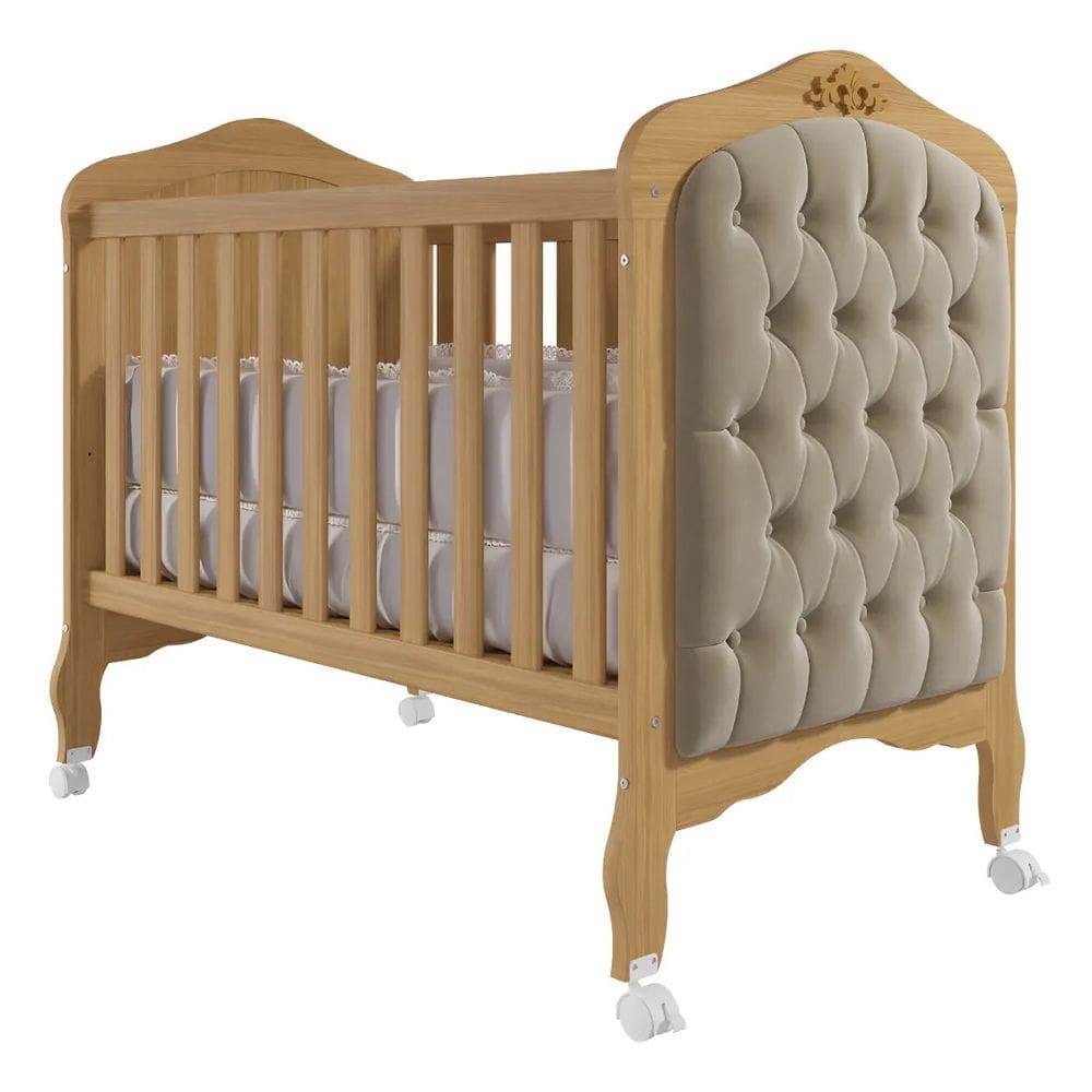 Berço 100% Mdf Nature Americano Vira Cama Com Capitonê