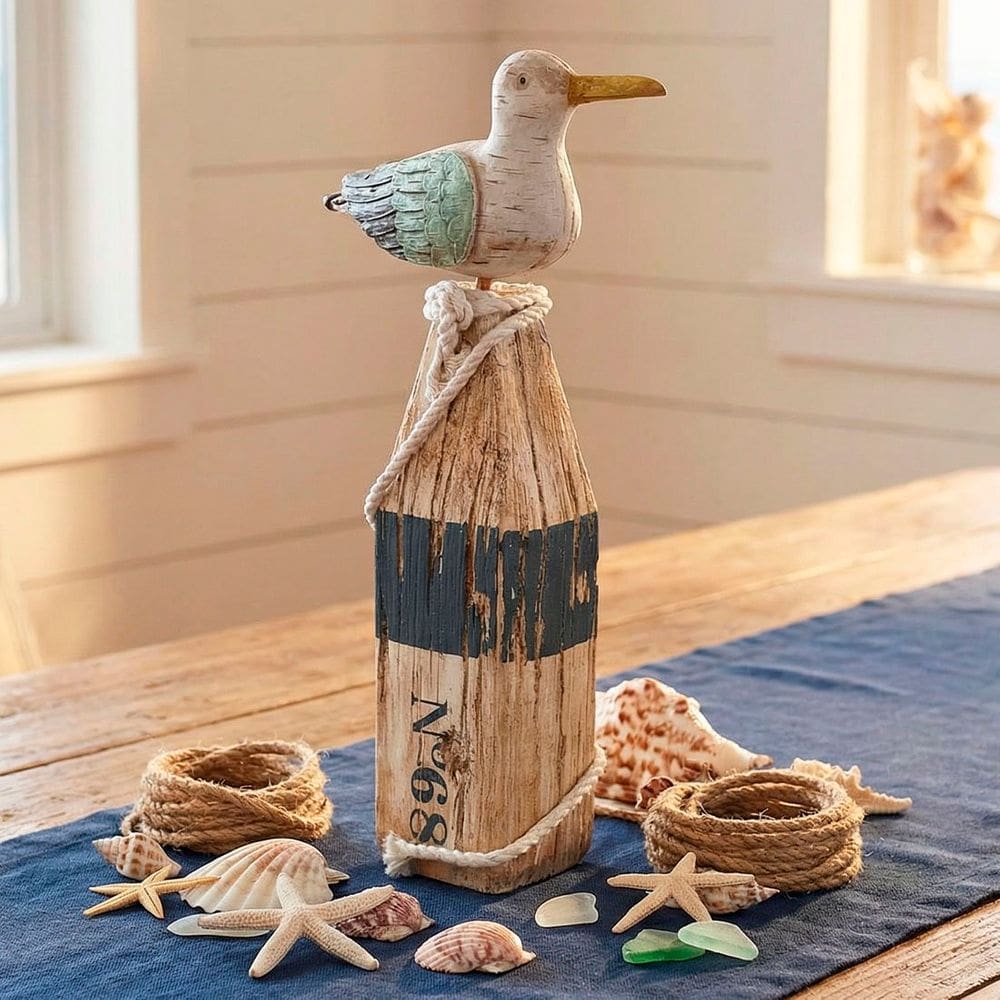 Estatueta Gaivota Tronco Enfeite Casa Praia Náutica Madeira