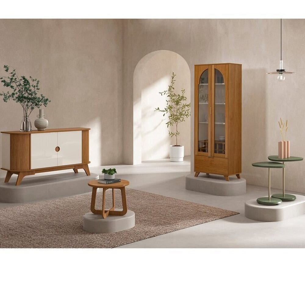 Conjunto 4 Peças Mesa de Apoio e Mesa de Centro e Buffet e Cristalera Murano Cinamomo/Off White