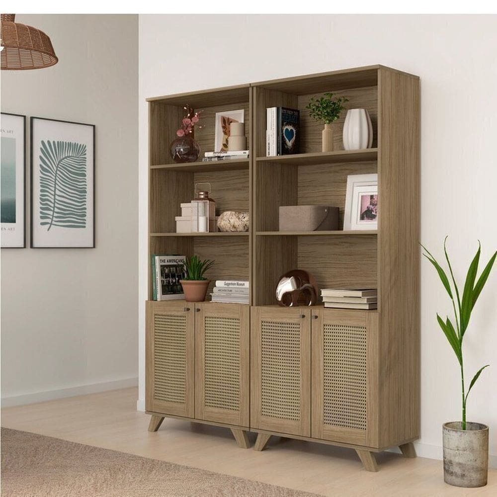 Conjunto de 2 Estantes 4 Portas com Resistentes Dobradiça de Metal Trama Carvalho