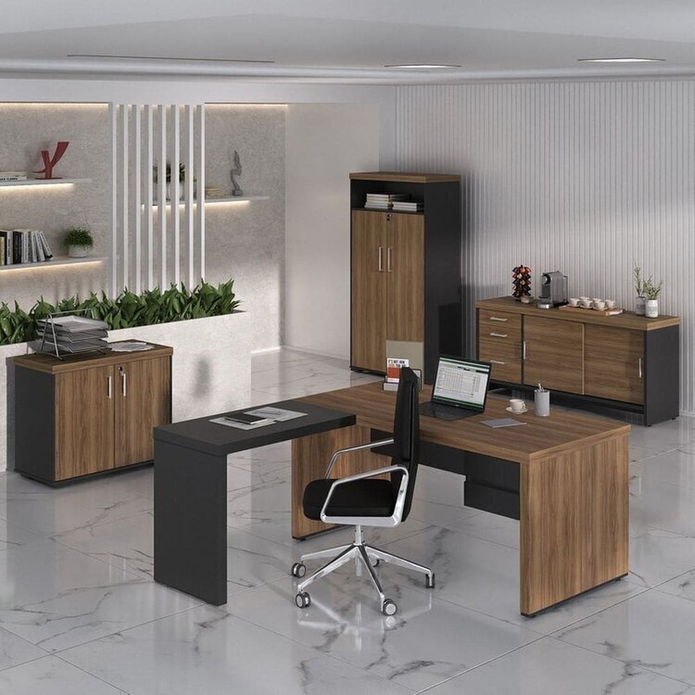 Conjunto Mesa Tamburato 1600, Mesa de Apoio, Balcão, Balcão com Gavetas e Armário Nogal com Preto