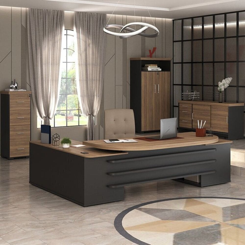 Conjunto Mesa Presidente Balcão Tamburato Armário com Nicho Arquivo Nogal / Preto