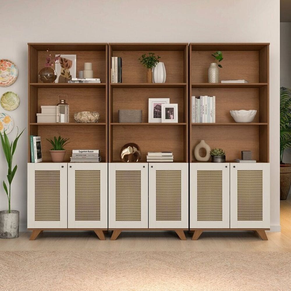 Conjunto de 3 Estantes 6 Portas com Resistentes Dobradiça de Metal Trama Cinamomo/Off White