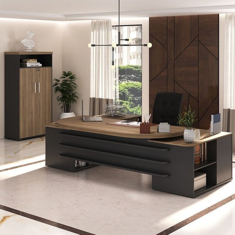 Mesa Escritório com 4 Gavetas Armário para Escritório 2 Portas com Nicho Presidente Nogal/Preto