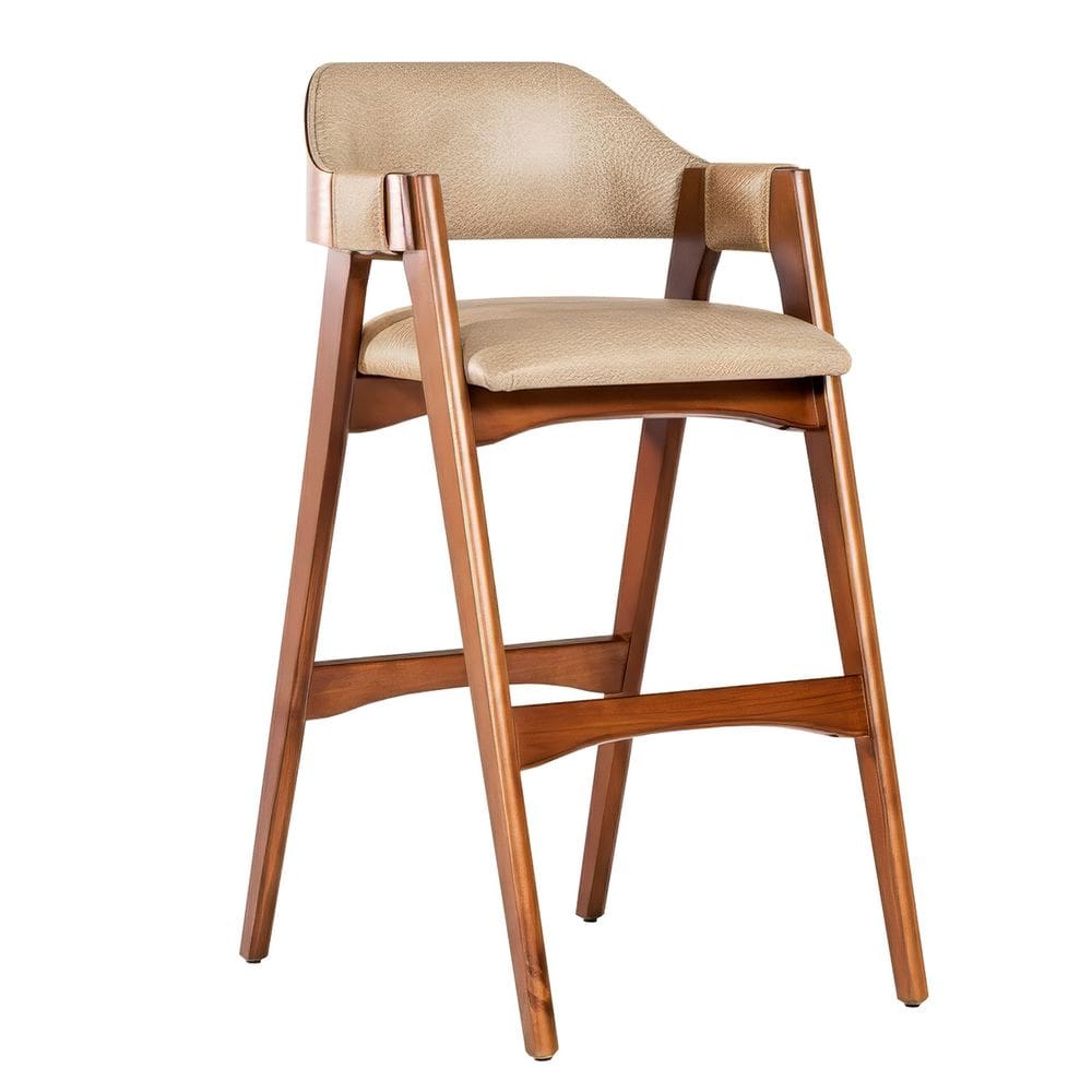 Banqueta Alta em Madeira Lina Estofada Couríssimo Bege CCS