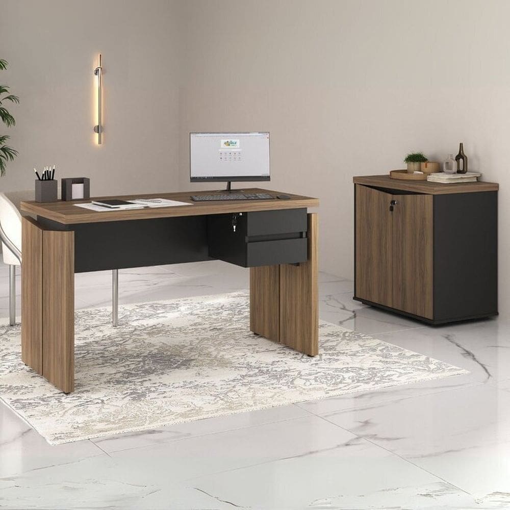 Conjunto Mesa 125,3cm Gaveteiro Suspenso Balcão 2 Portas Y37 Nogal / Preto