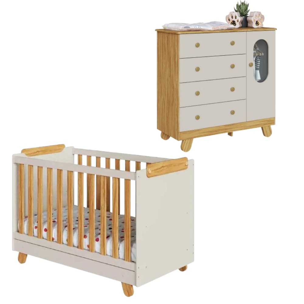 Kit Quarto De Bebê Berço Com Cômoda Pingo Off White/Amêndoa
