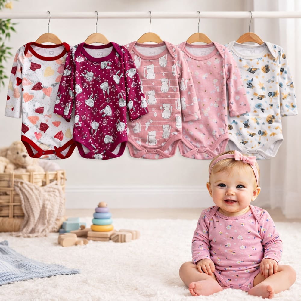 Kit 05 Peças Bodie Body Estampado Infantil Manga Longa Bebê