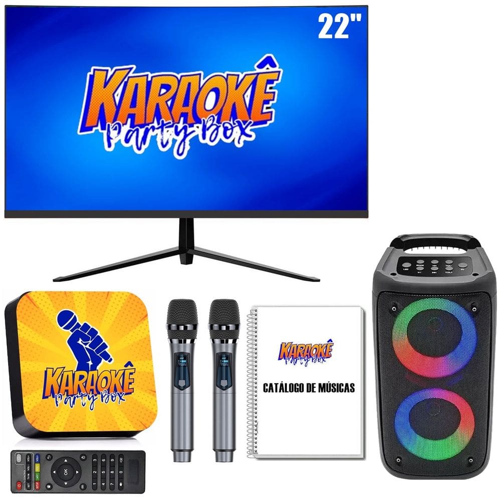 Karaoke Party Box Completo +Monitor +Caixa De Som +2 Microfones Sem Fio +Catálogo De Música Impresso