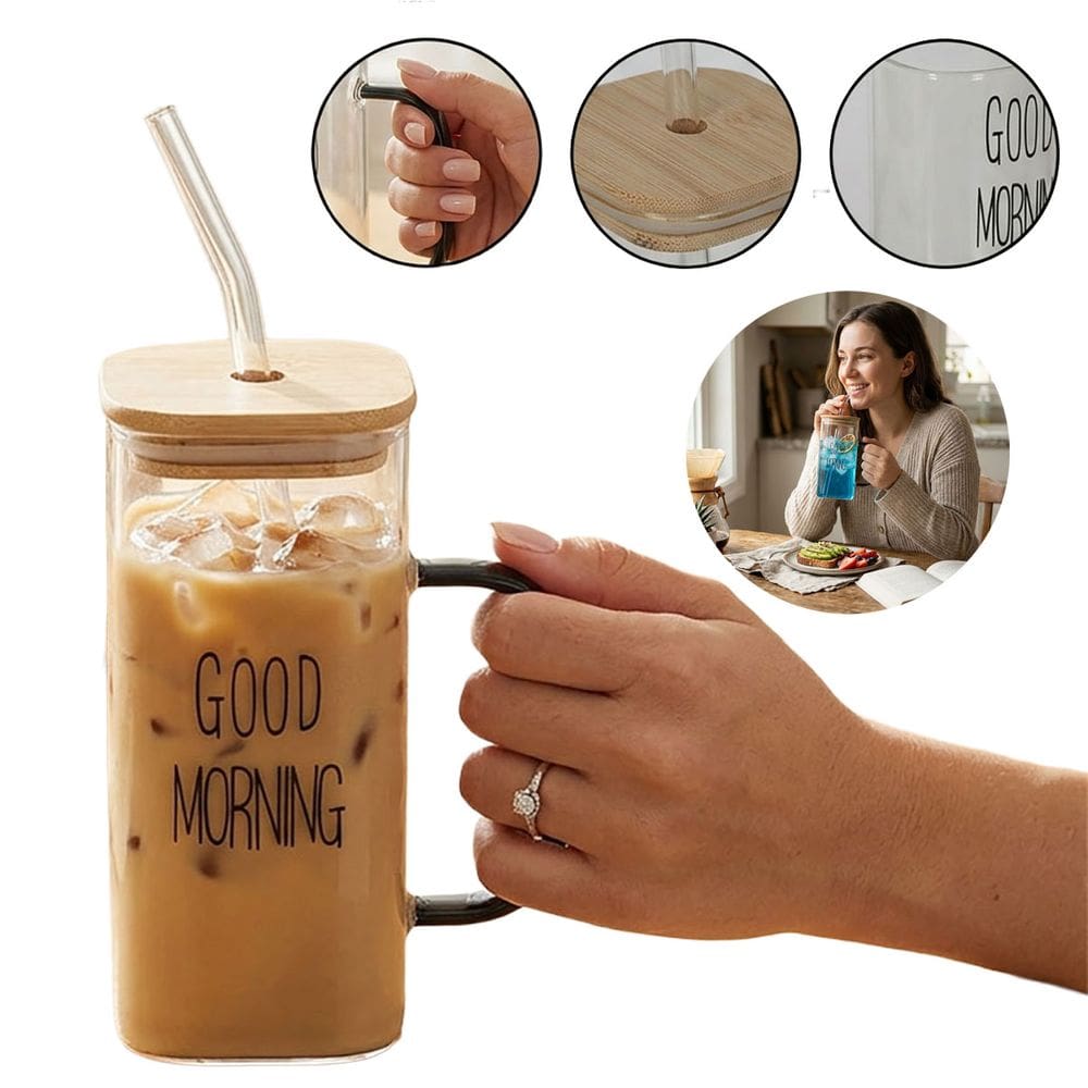 Copo De Vidro Good Morning com Tampa E Canudo Drinks 400ml