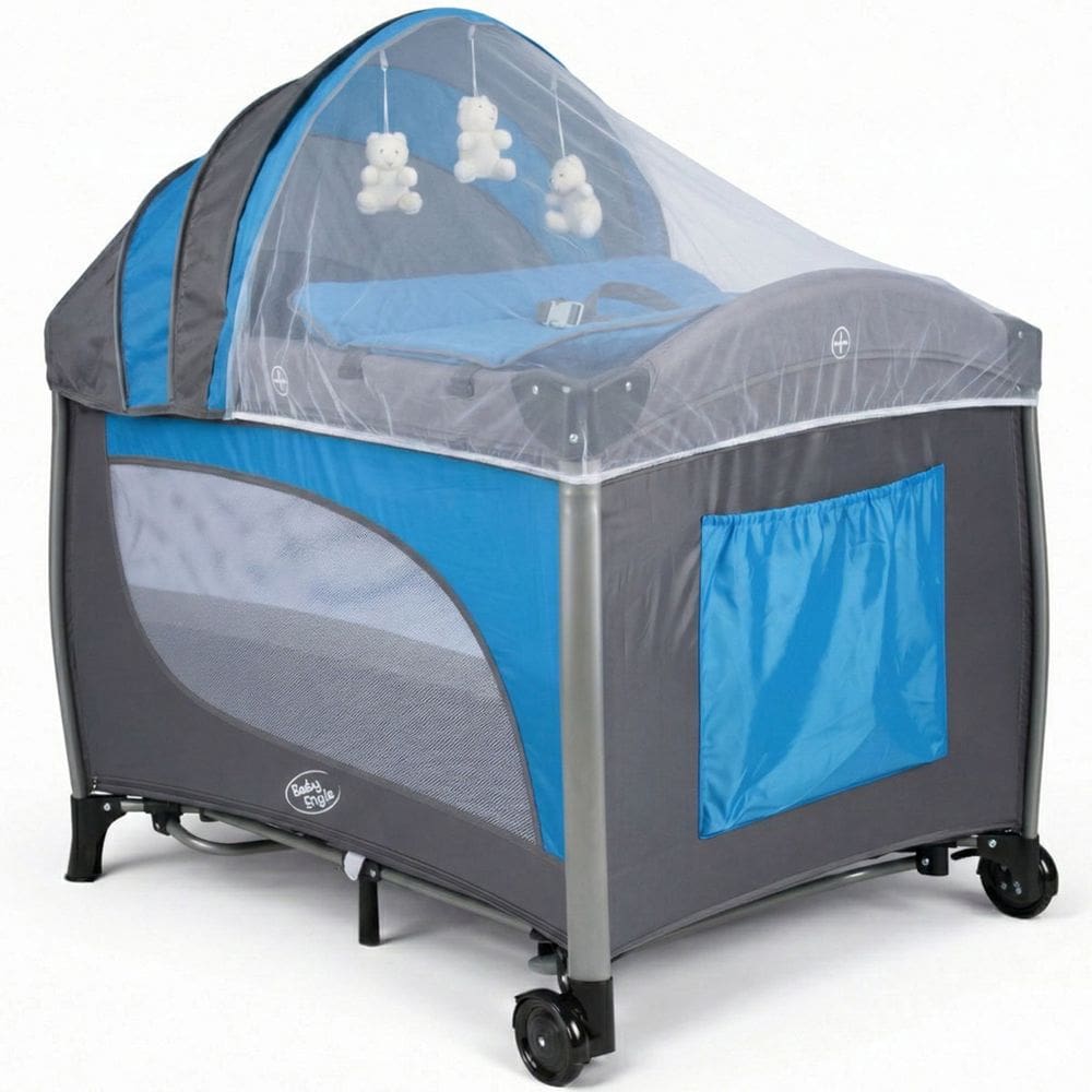 Berço Portátil Balanço com Mosquiteiro Caixinha Musical Som e Vibração Dobrável para Viagem com Rodas e Bolsa Transporte