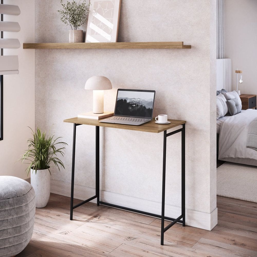 Escrivaninha Mesa Escritório Industrial Dobrável Montada 80cm Marrom/Preto