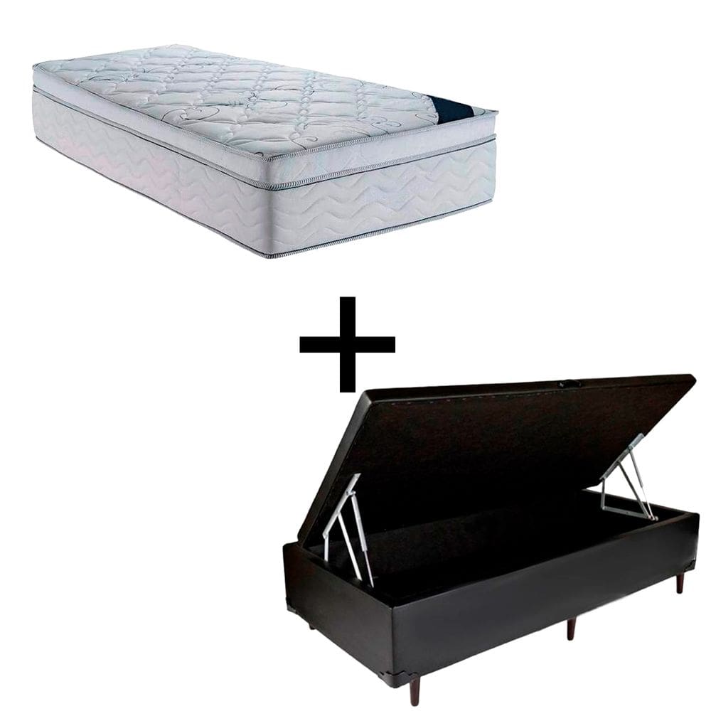 Cama Box Baú Solteiro 88 Tecido Sintético Preto Com Colchão Toronto Molas Ensacadas Branco D33 32cm