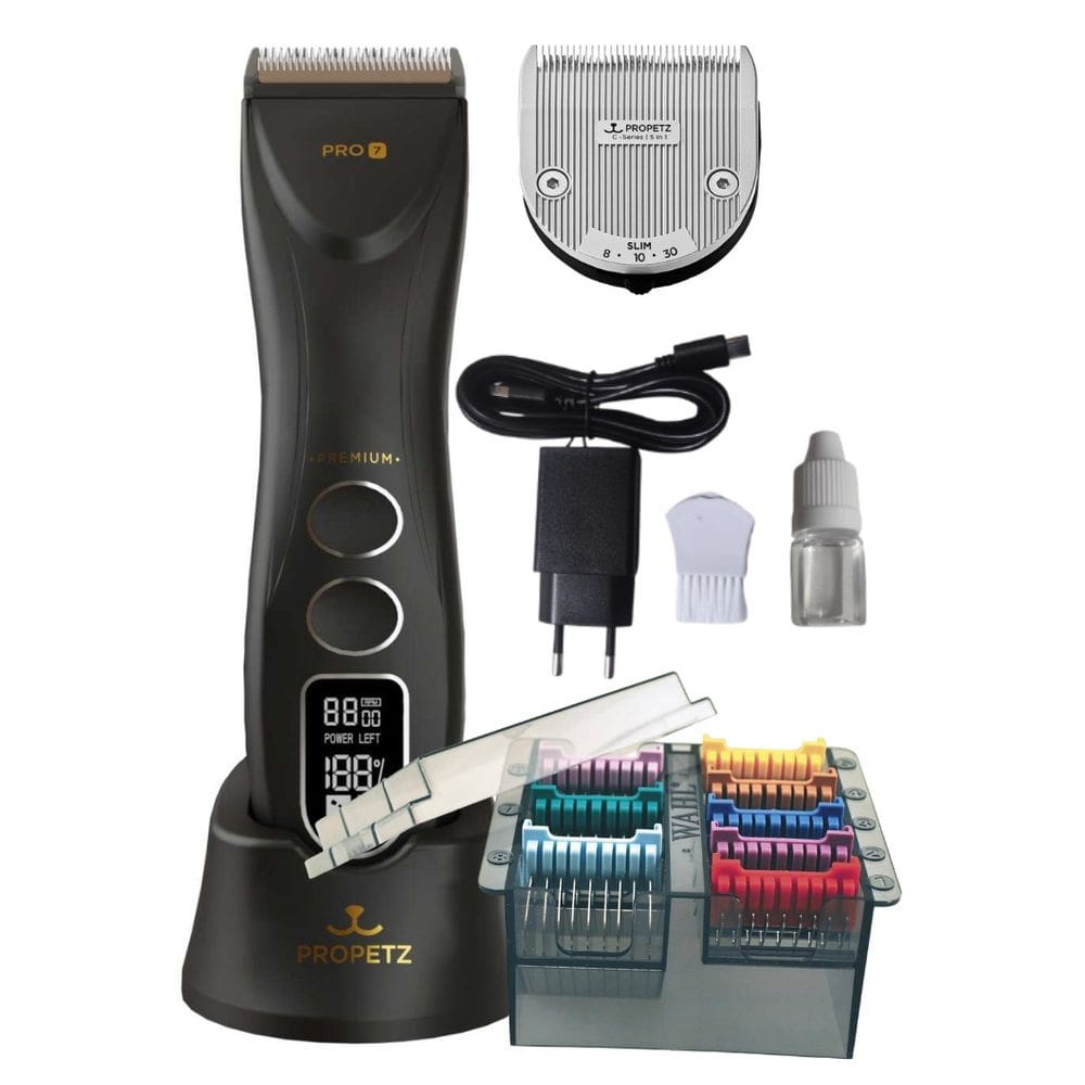 Combo máquina de tosa pro7 e kit pentes adaptadores 8 peças em aço