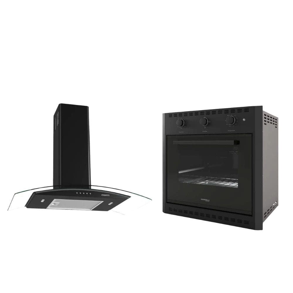 Kit Coifa Fogatti de Parede 80cm, Vidro Curvo + Forno Elétrico de Embutir Nardelli 60L, Timer, Grill 300°C, Cozinha Moderna