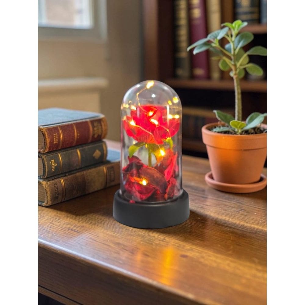 Rosa Na Cúpula Led Luminária Redoma Encantada Rosa Vermelha