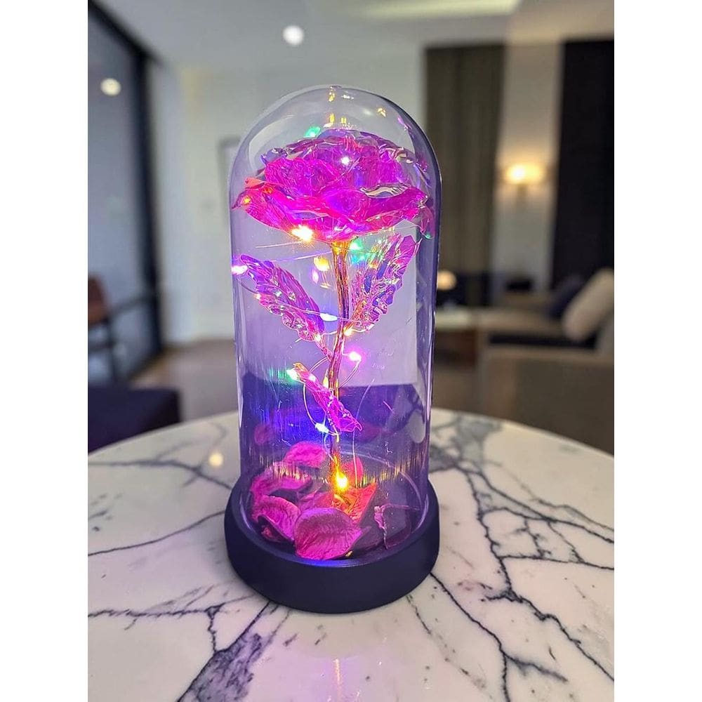 Rosa Metalizada Com Pétalas Na Cúpula Led Luminária Redoma