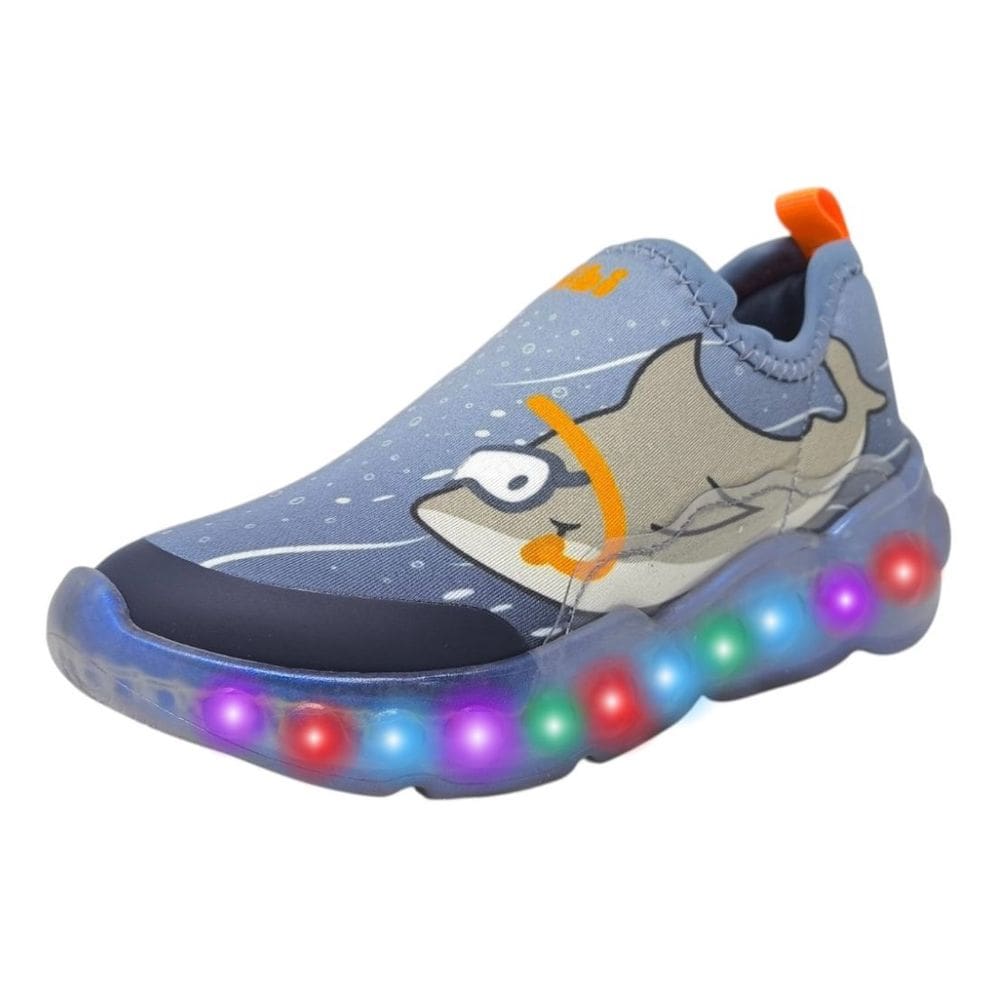 Tênis Infantil Menino Leve Conforto Luz Led Tuburão Bibi