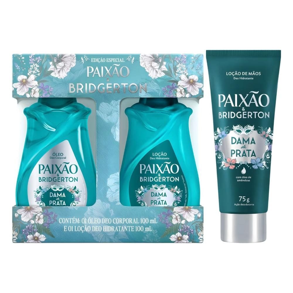 Kit Paixão & Bridgerton Dama De Prata: Loção Hidratante, Óleo Corporal 100ml e Loção Hidratante De Mãos 75g