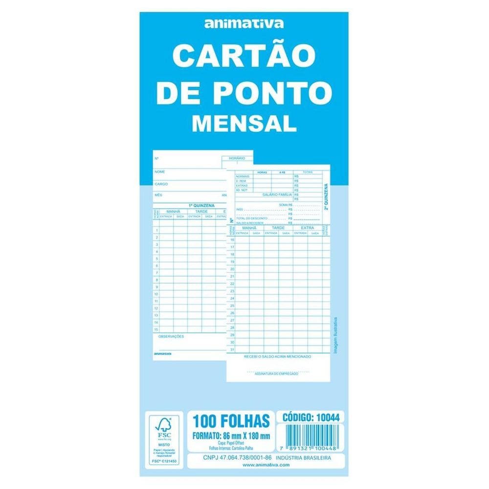 Cartão De Ponto Mensal 100 Folhas Controle De Horário