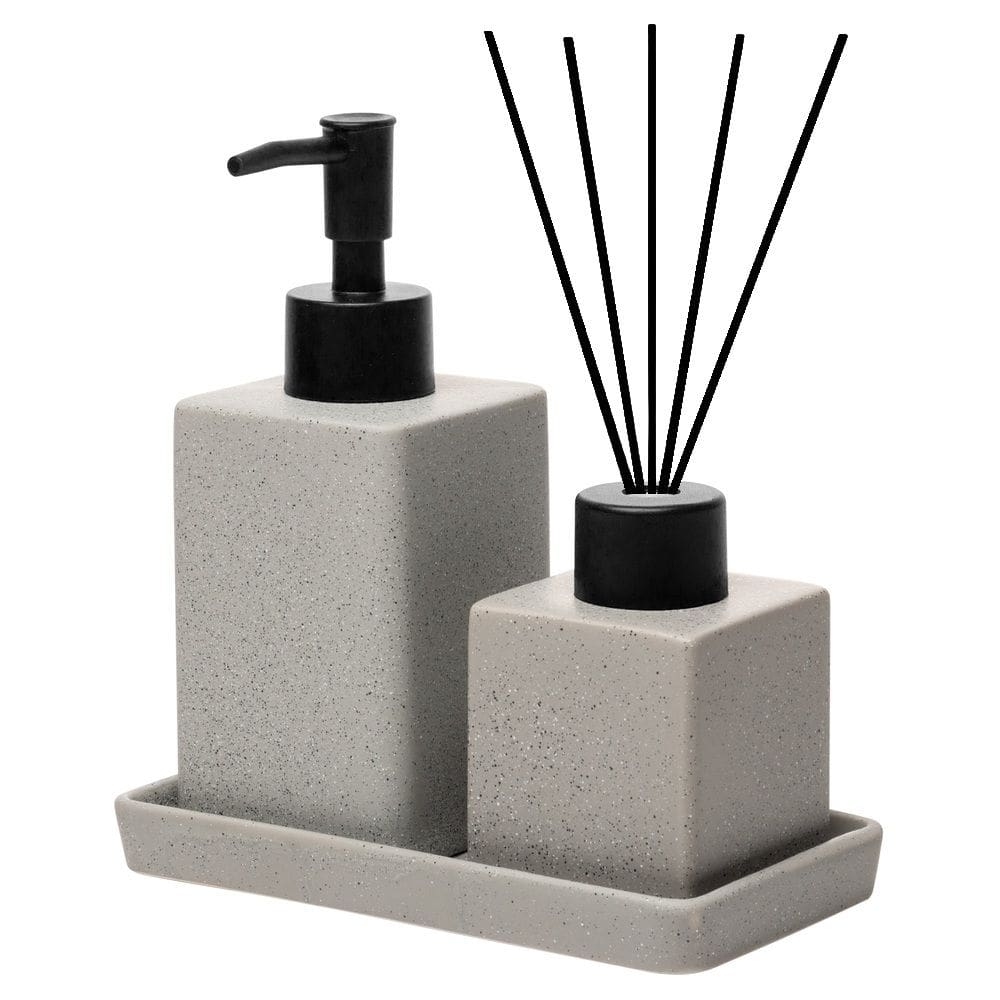 Cj 2 Acessórios de Bancada para Banheiro/Lavabo de Cerâmica C/Bandeja Quadratto Cinza Wolff