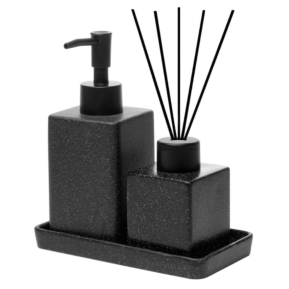 Cj 2 Acessórios de Bancada para Banheiro/Lavabo de Cerâmica C/Bandeja Quadratto Preto Wolff