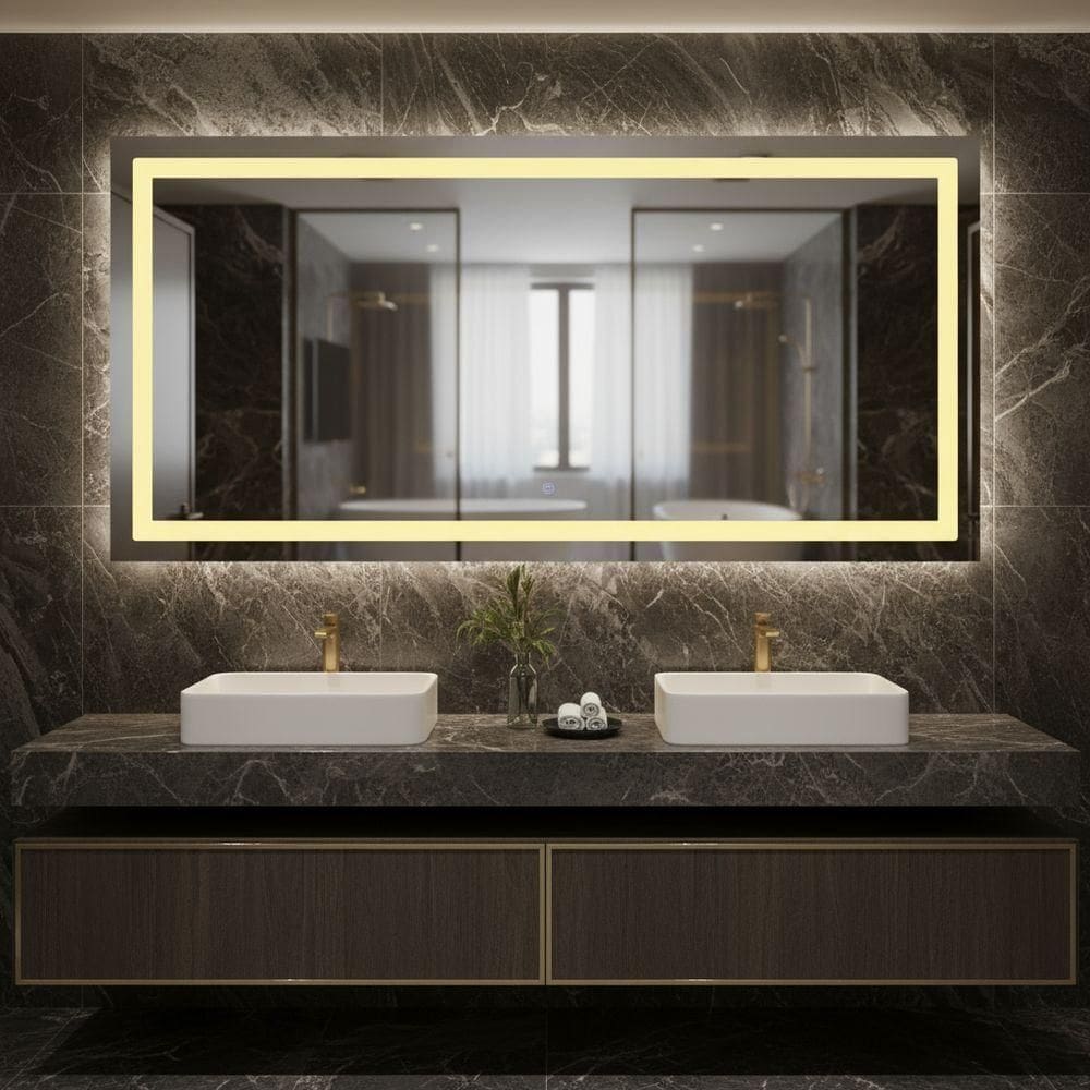 Espelho Horizontal Jateado Led Frontal Para Bancada De Banheiro 100x60 Quente