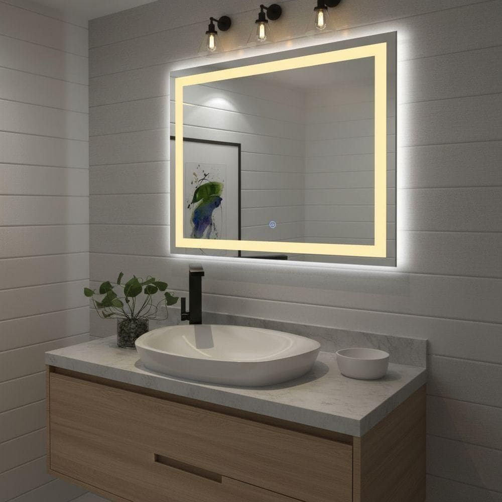 Espelho Horizontal Jateado Led Frontal Para Bancada De Banheiro 100x62 Neutro