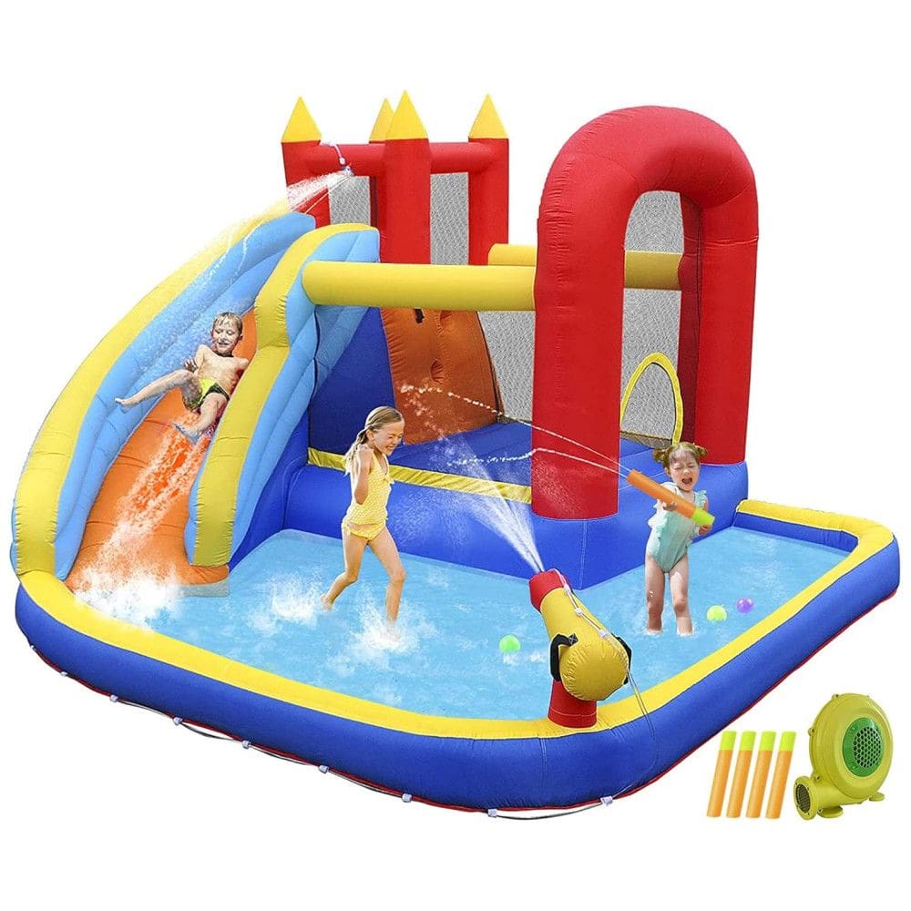 Parque Aquático Inflável até 140 kg com Canhão de Água, Escorregador e Piscina de Respingo para Crianças, JOYLDIAS, Colorido