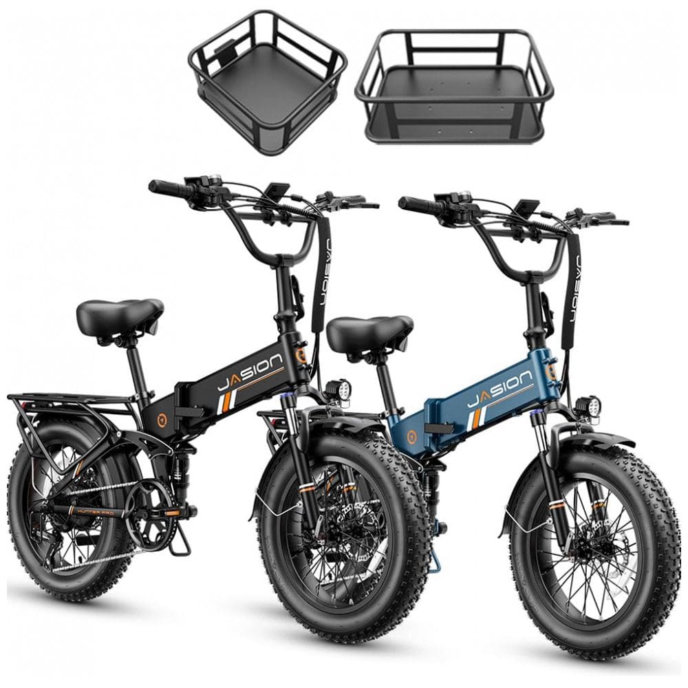 Kit 2 bicicletas elétricas dobráveis Jasion X-Hunter Pro preta e azul cestos pneus 20x4 motor 750W pico 1800W bateria 48V 15Ah 80 km 110V