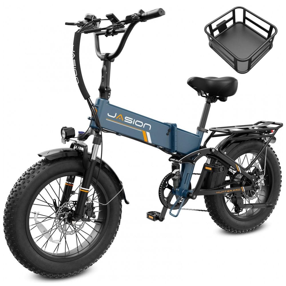 Bicicleta elétrica dobrável Jasion X-Hunter Pro azul com cesto pneus 20x4 motor 750W pico 1800W bateria 48V 15Ah 80 km 110V