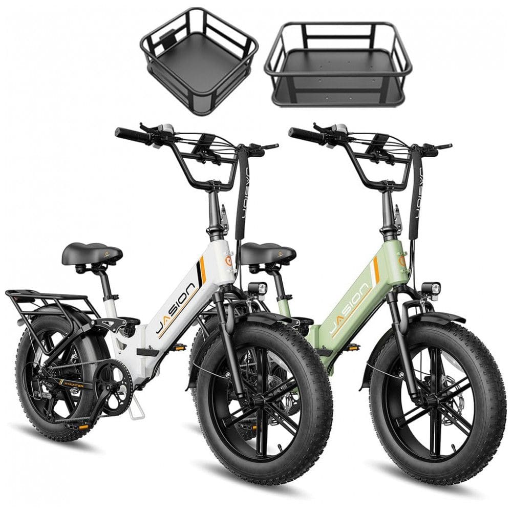 Kit 2 bicicletas elétricas dobráveis Jasion X-Hunter ST branca e verde cestos pneus 20x4 motor 750W pico 1400W bateria 48V 13Ah 70 km 110V ?