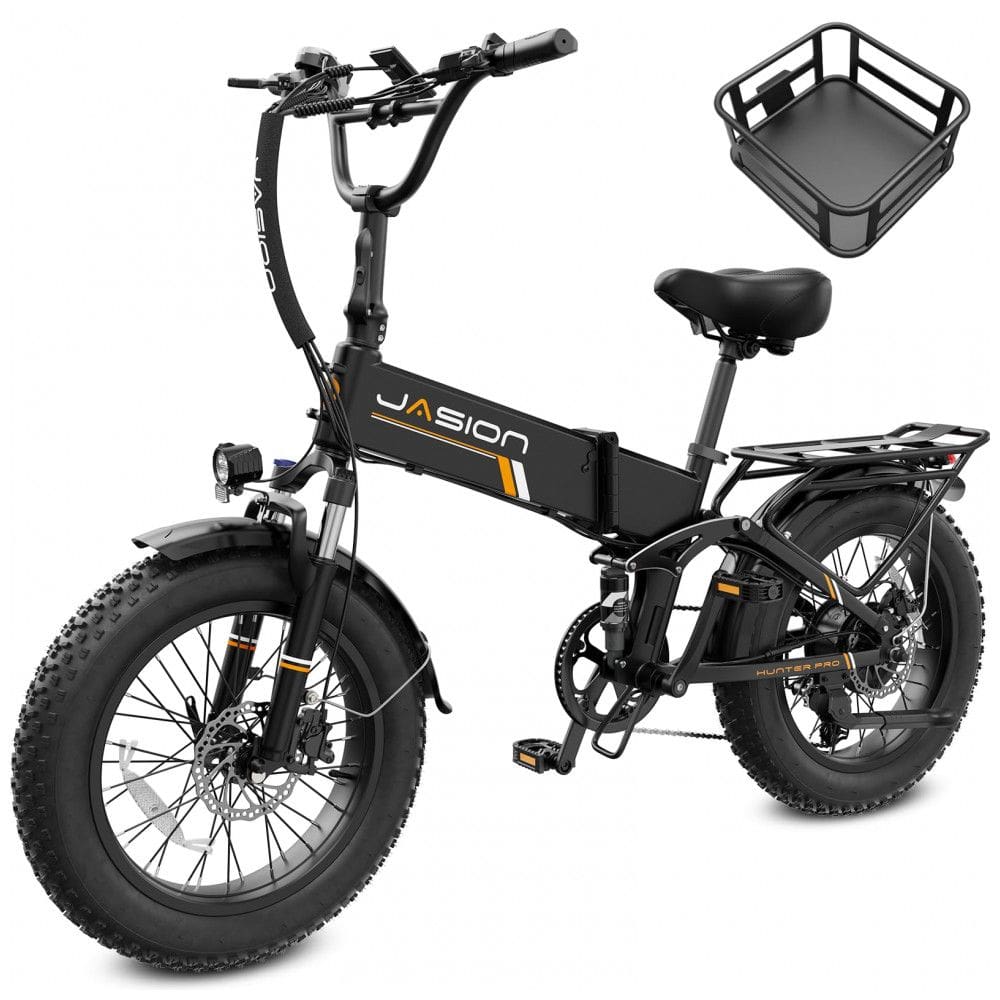 Bicicleta elétrica dobrável Jasion X-Hunter Pro preta com cesto pneus 20x4 motor 750W pico 1800W bateria 48V 15Ah 80 km 110V